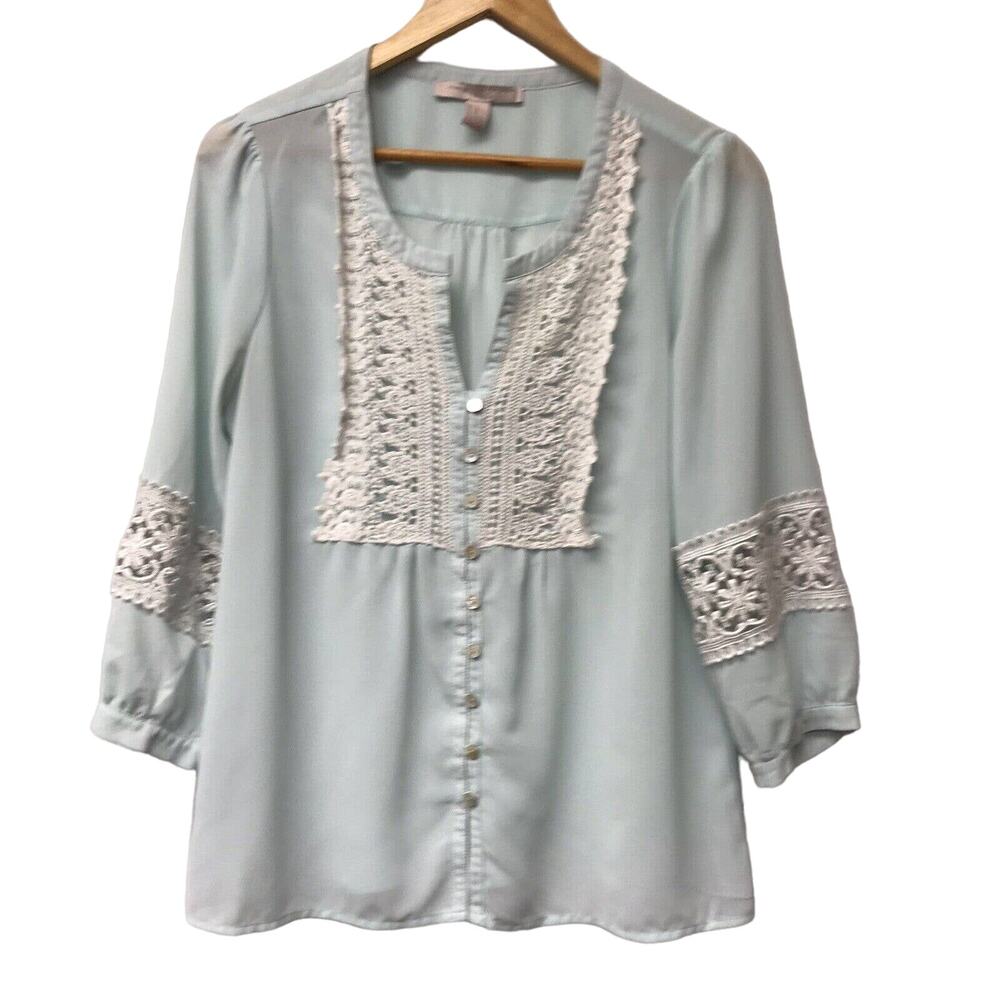 Forever 21 Top Womens Medium Blue White Crochet Yoke and Sleeves